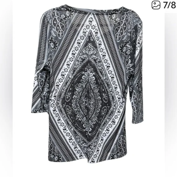 Kiara Black and White 3/4 Sleeve Patterned Women's Top - Picture 6 of 8